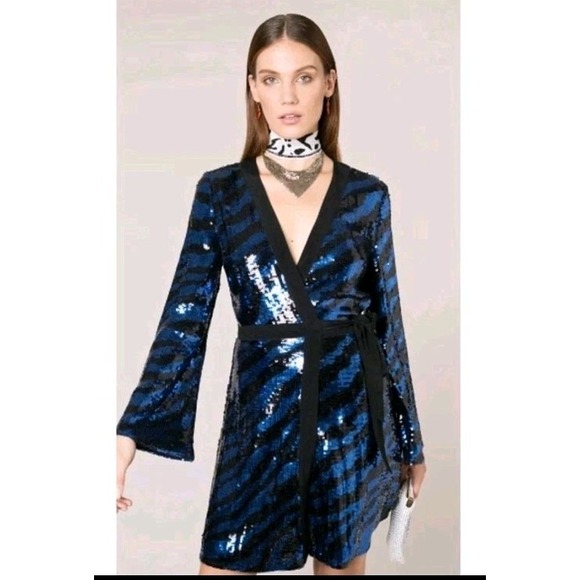 RIXO London Maria Black Blue Tiger Sequin Chiffon Wrap‎ Dress Size XS - Picture 1 of 12